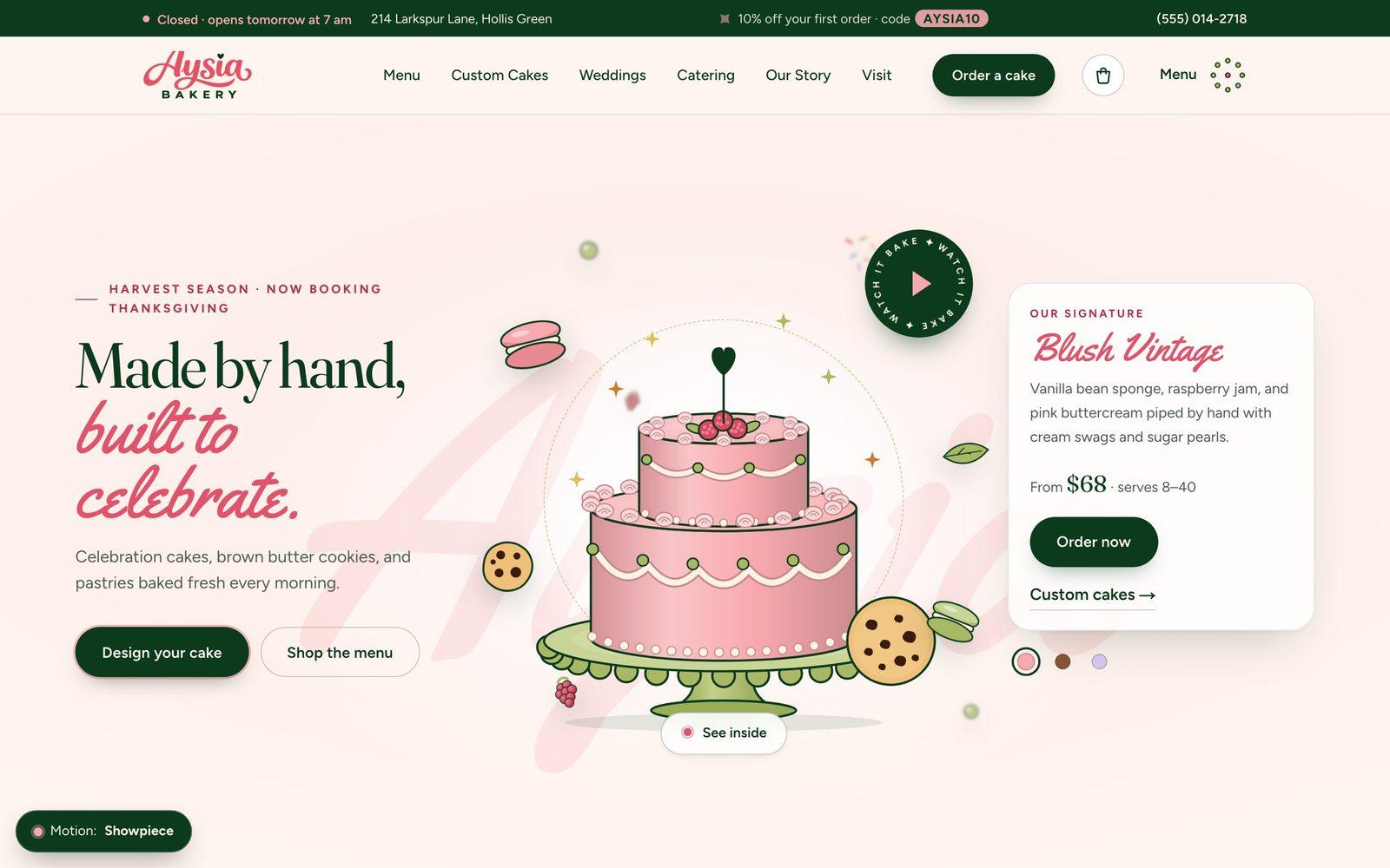 Aysia Bakery homepage: Made by hand, built to celebrate, with an illustrated cake
