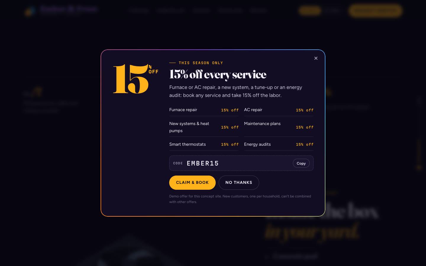 15% offer popup from the Ember & Frost demo