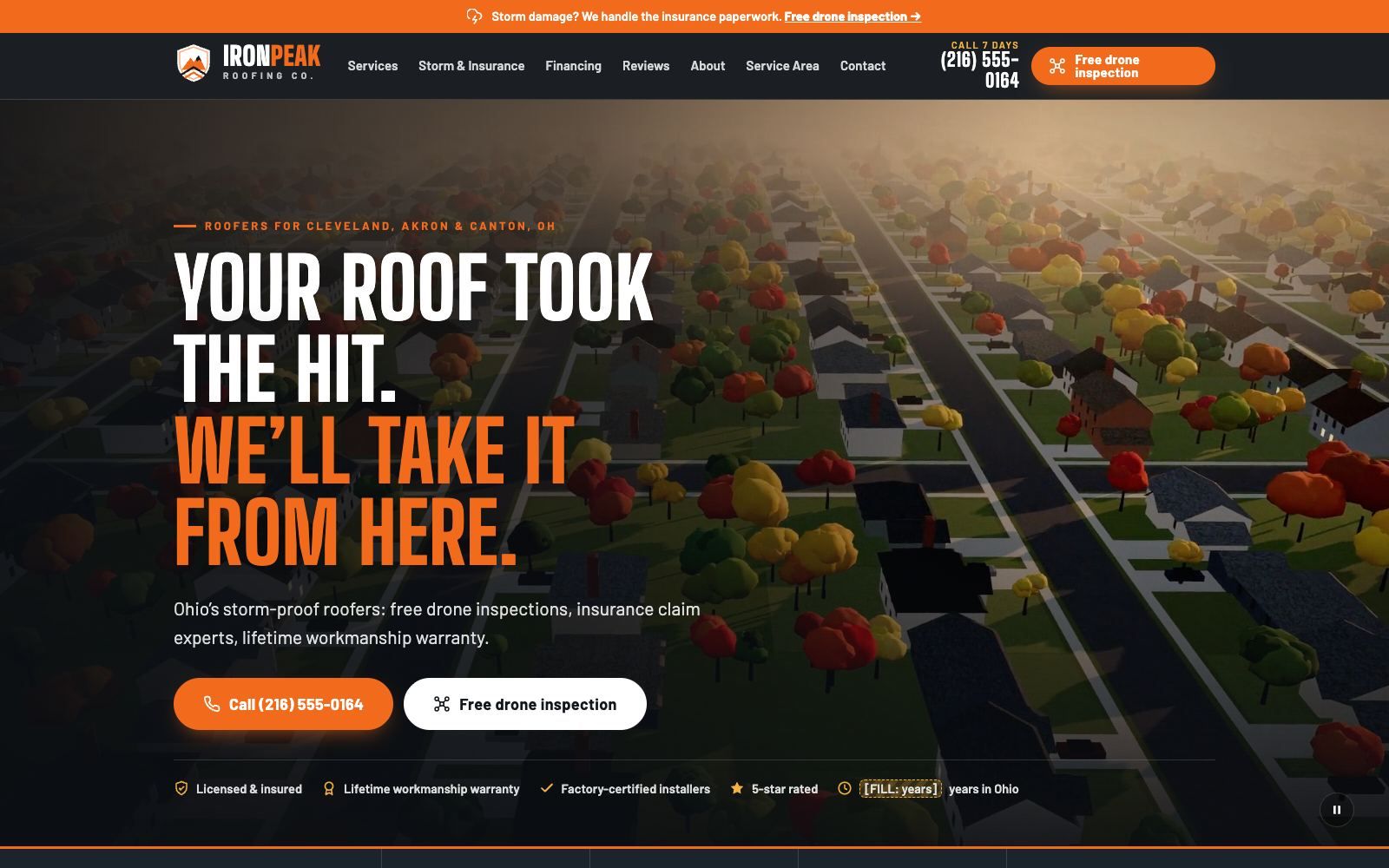 IronPeak Roofing Co. homepage: Your roof took the hit. We’ll take it from here.