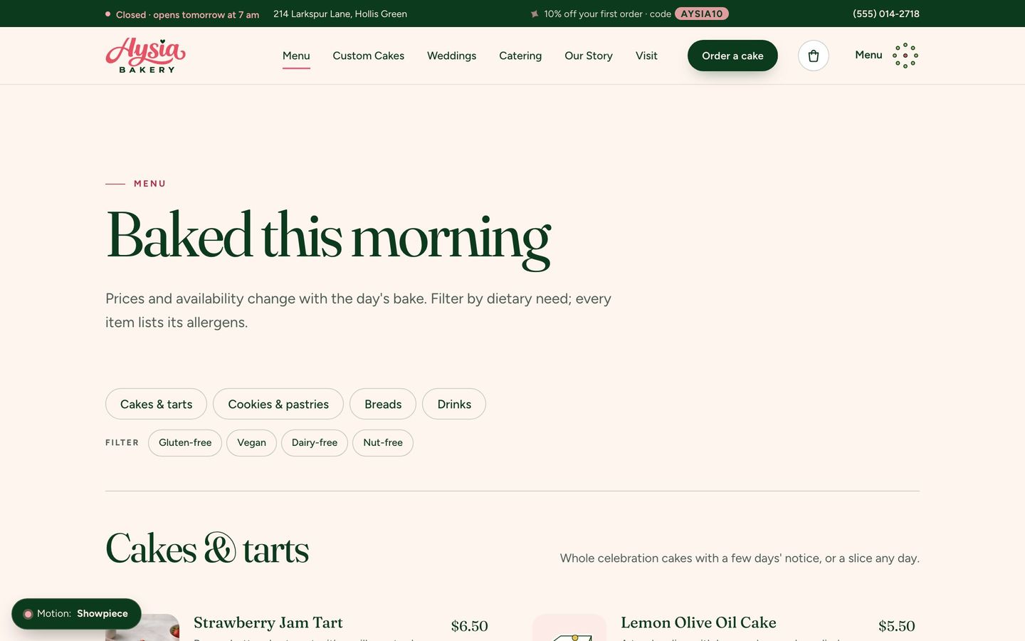 The Aysia menu with dietary filters
